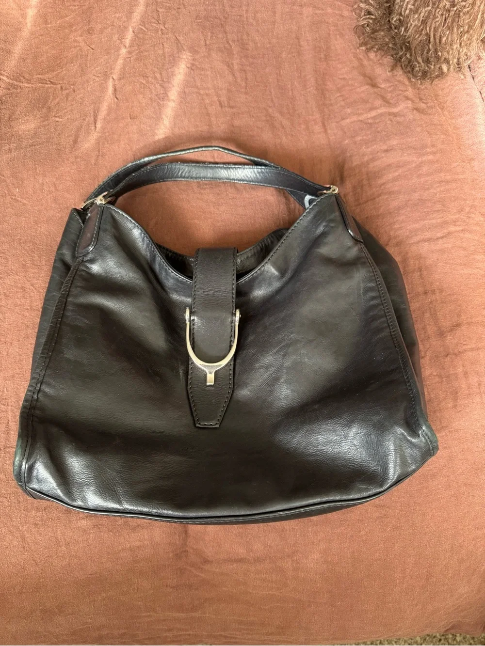Gucci Black Leather Slouchy Hobo with Silver Buckle Accent